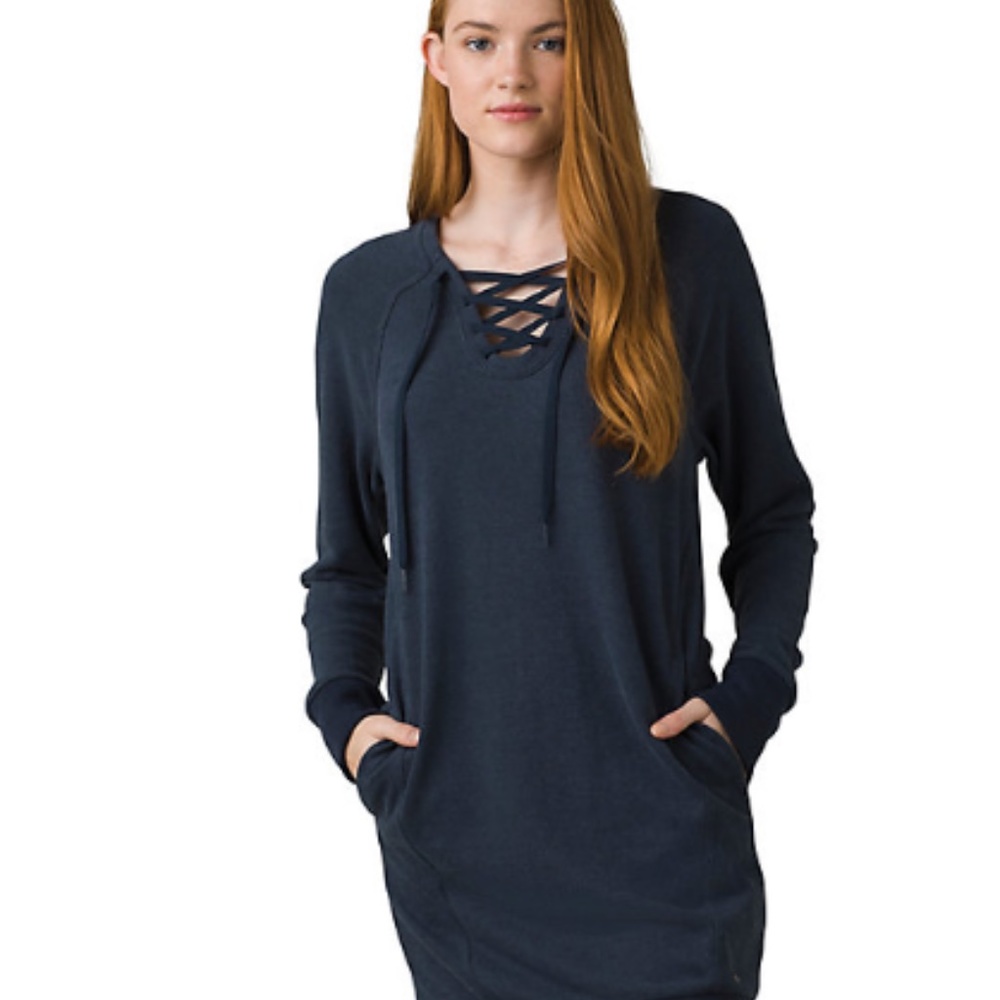 Prana Cozy Up Terry Dress, lacing at neckline,‎ Nautical Blue, XS